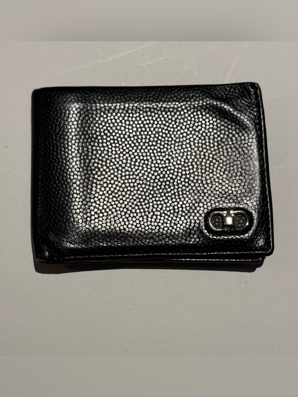 Salvatore Ferragamo Black Pebbled Leather Bi-Fold Wallet with Silver Hardware